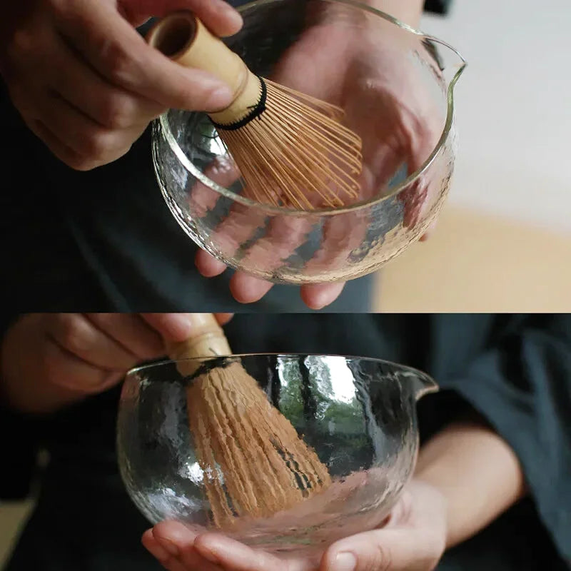 Bol à Matcha en Verre Transparent Avec Cuillère et Fouet en Bambou
