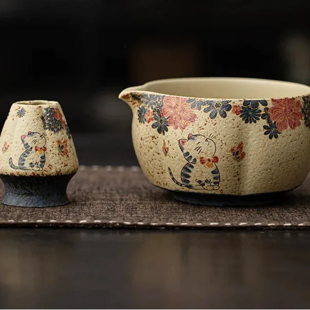 Ensemble Matcha Cérémonie 2 pièces en Poterie - Style Chat