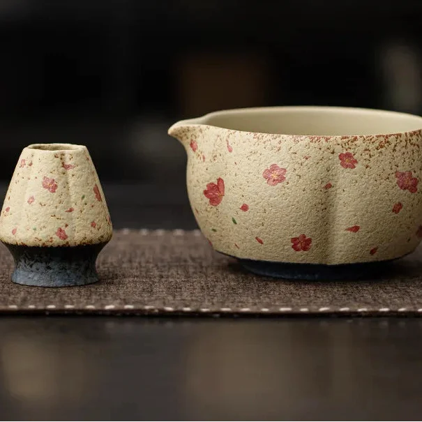 Ensemble Matcha Cérémonie 2 pièces en Poterie - Style Fleurs Roses