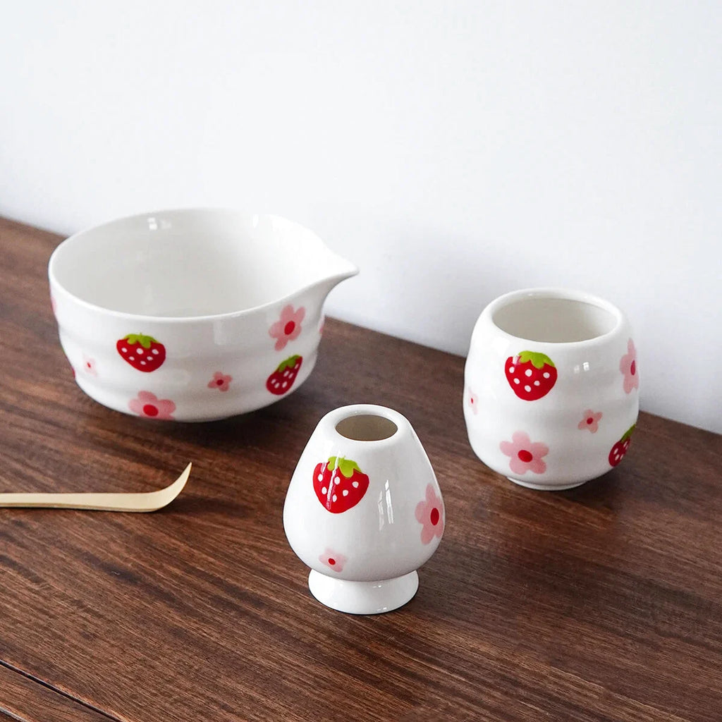 Ensemble Matcha Cérémonie 3 pièces en Céramique - Motif : Fraises