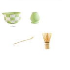 Ensemble Matcha Cérémonie 4 Pièces en Céramique - Idéal Cadeau - Motif Carreaux Verts