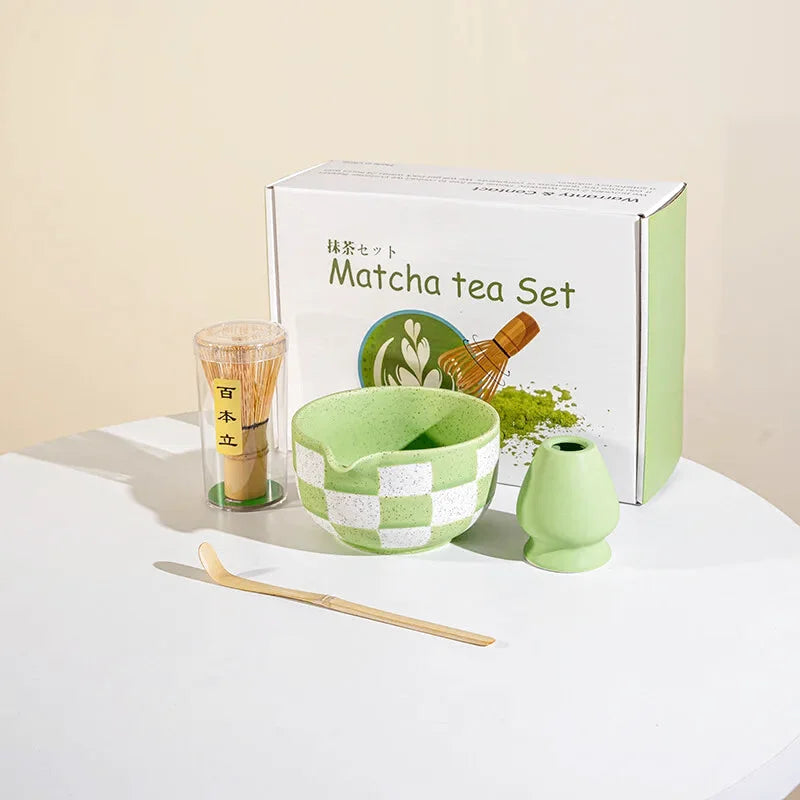 Ensemble Matcha Cérémonie 4 Pièces en Céramique - Idéal Cadeau - Motif Carreaux Verts