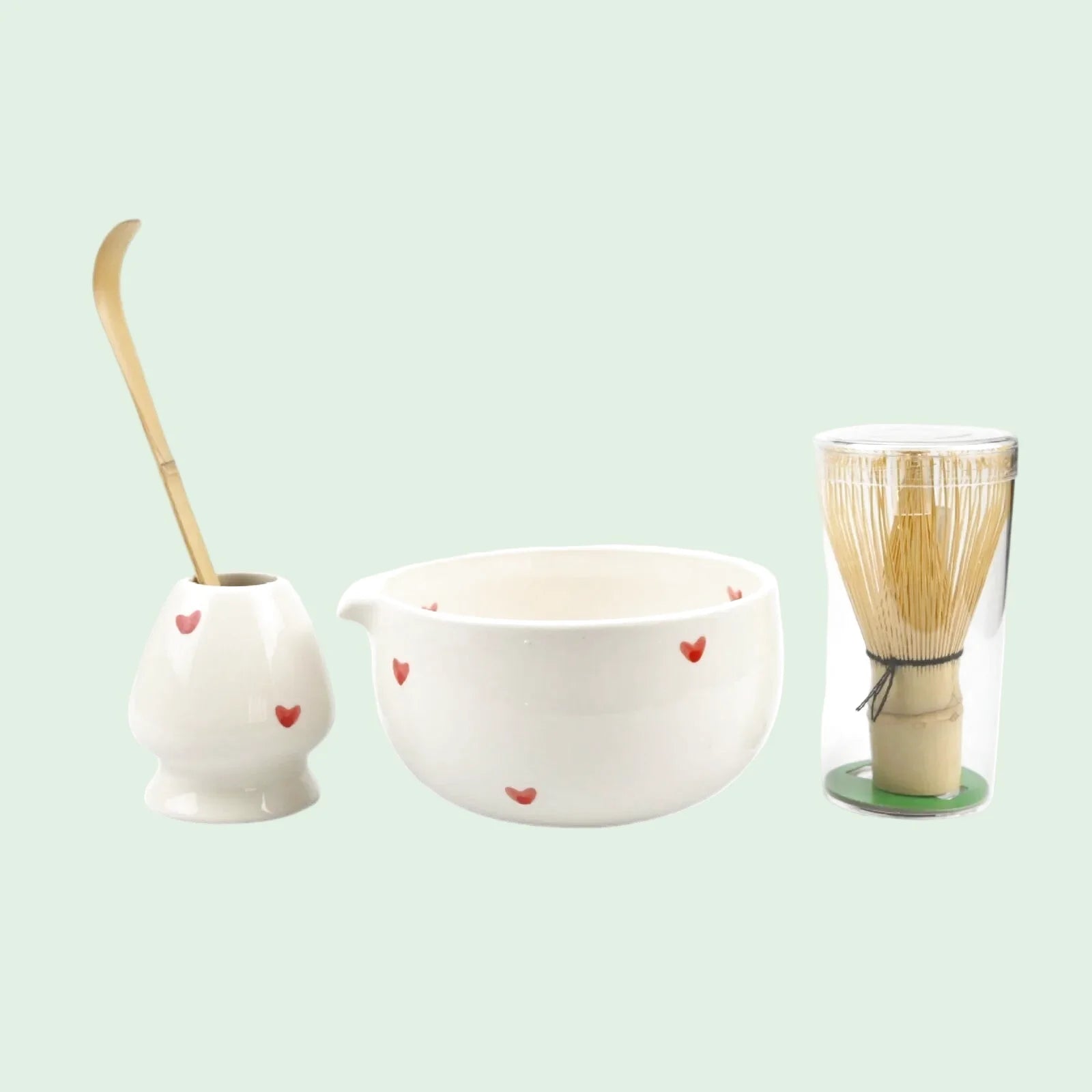 Ensemble Matcha Cérémonie 4 Pièces en Céramique - Motif : Cœurs