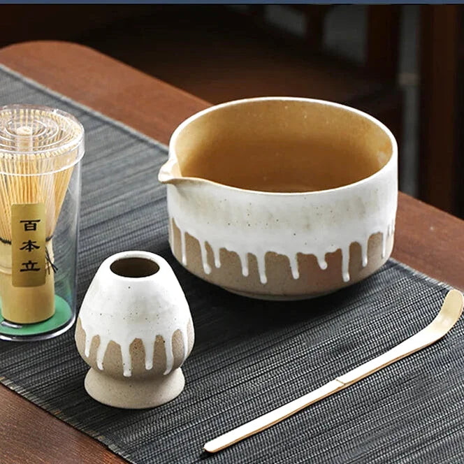 Ensemble Matcha Cérémonie 4 pièces en Porcelaine et Bambou - Style Blanc