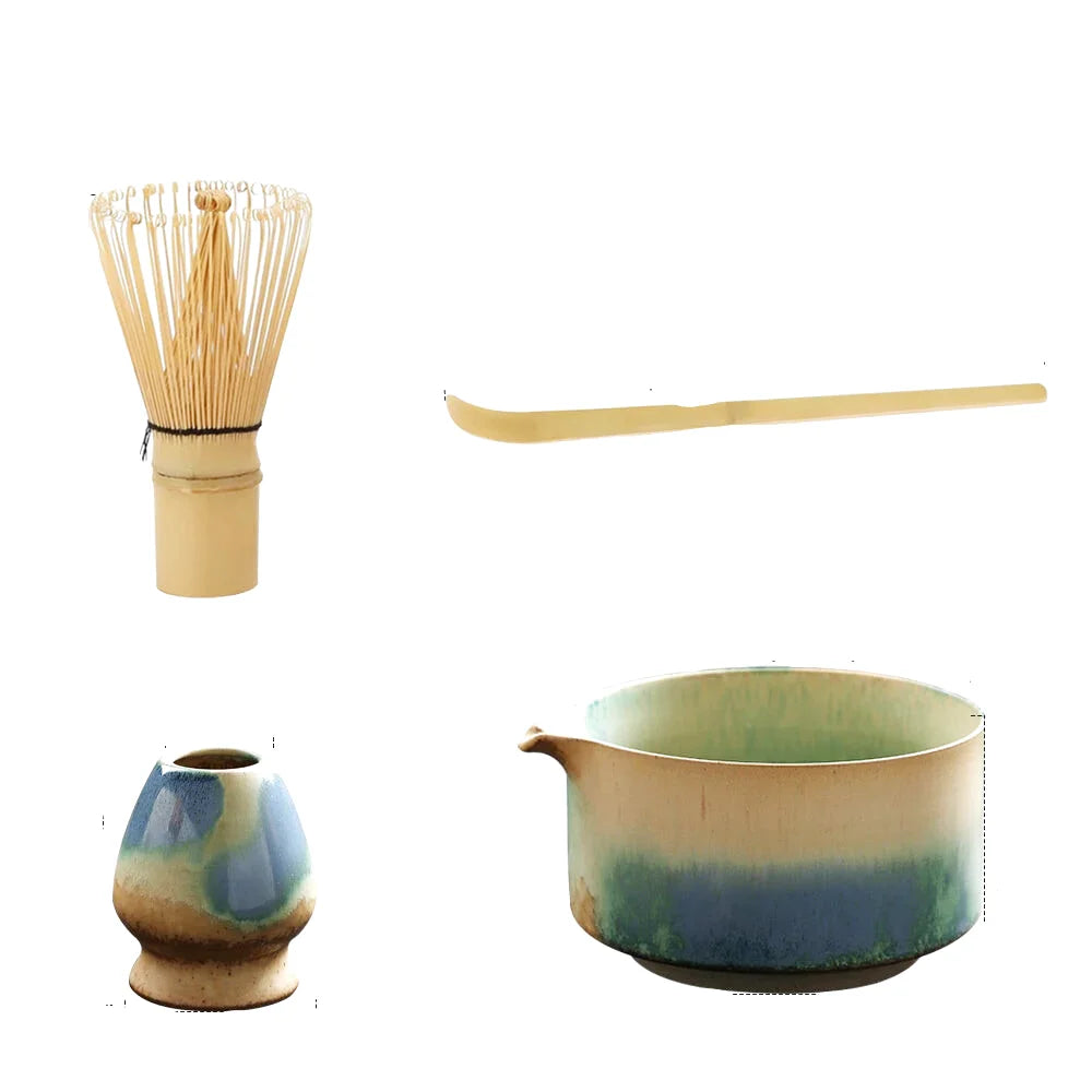 Ensemble Matcha Cérémonie 4 pièces en Porcelaine et Bambou - Style Bleu