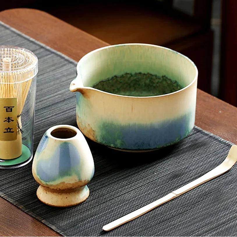 Ensemble Matcha Cérémonie 4 pièces en Porcelaine et Bambou - Style Bleu