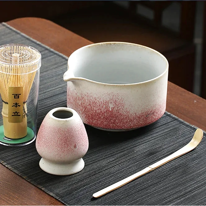 Ensemble Matcha Cérémonie 4 pièces en Porcelaine et Bambou - Style Rose