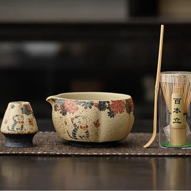 Ensemble Matcha Cérémonie 4 pièces en Poterie et Bambou - Style Chat