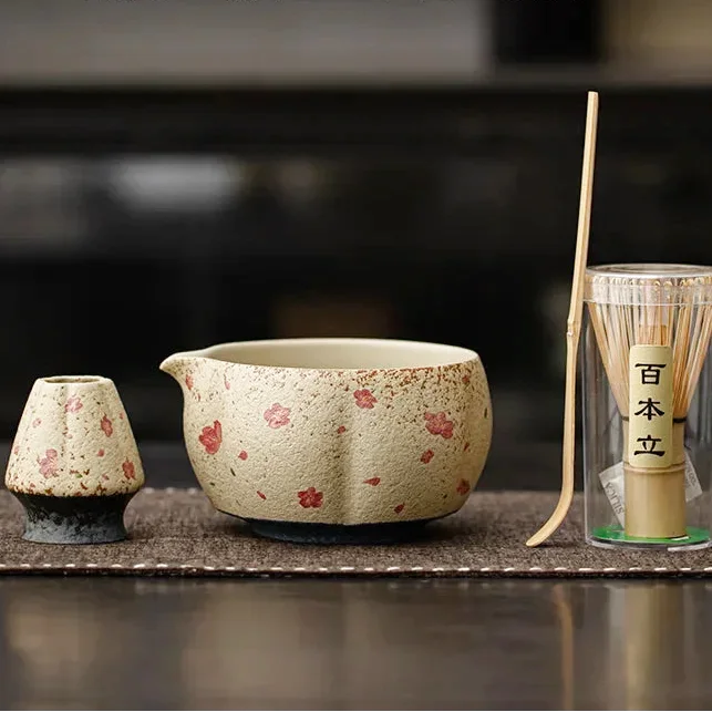 Ensemble Matcha Cérémonie 4 pièces en Poterie et Bambou - Style Fleurs Roses