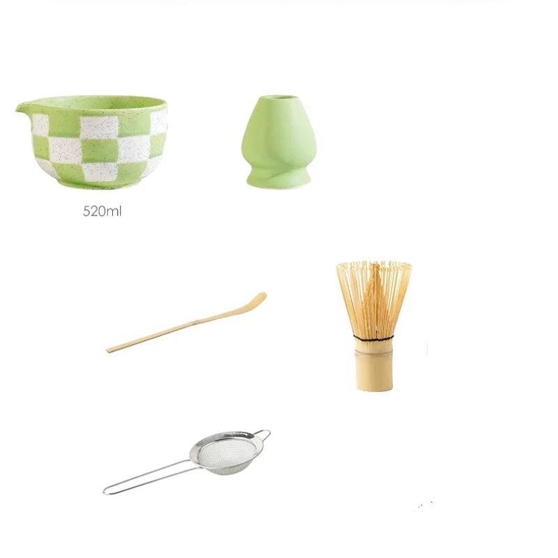 Ensemble Matcha Cérémonie 5 Pièces en Céramique - Idéal Cadeau - Motif Carreaux Violets