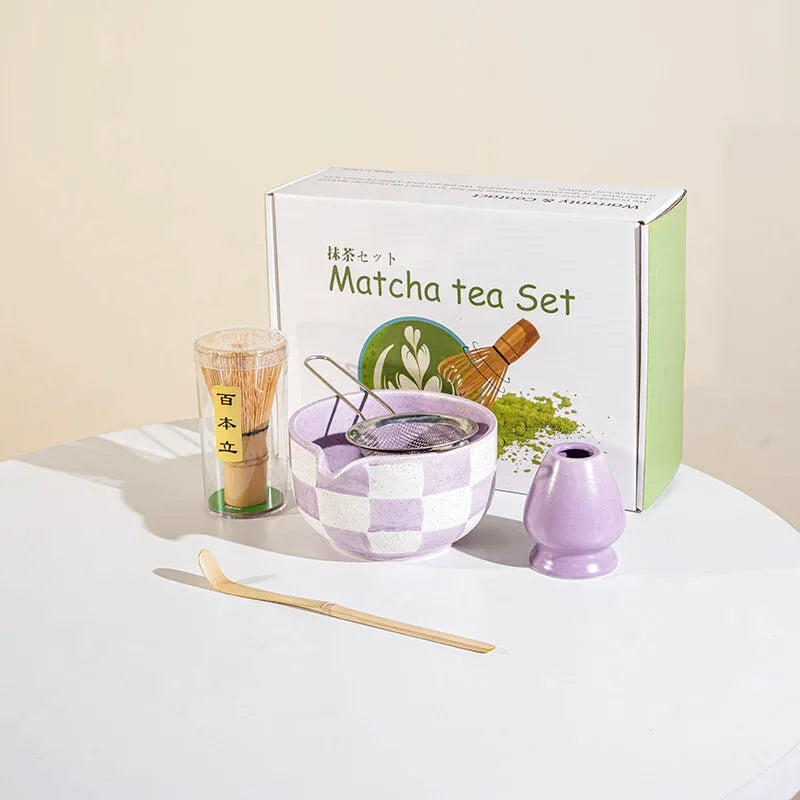 Ensemble Matcha Cérémonie 5 Pièces en Céramique - Idéal Cadeau - Motif Carreaux Violets