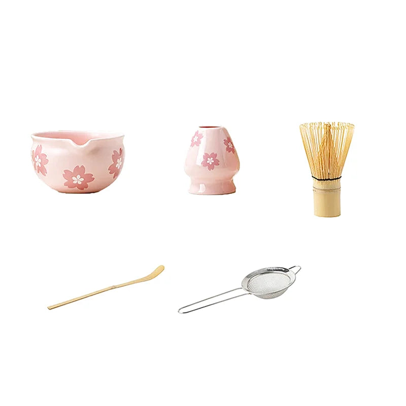 Ensemble Matcha Cérémonie 5 Pièces en Céramique - Idéal Cadeau - Motif Fleurs Roses