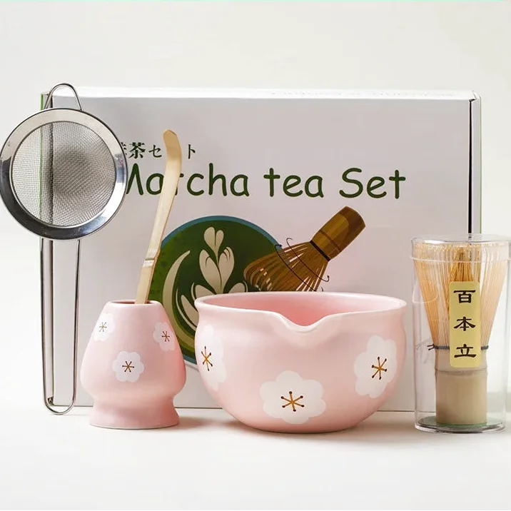 Ensemble Matcha Cérémonie 5 Pièces en Céramique - Idéal Cadeau - Motif Fleurs Roses