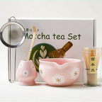 Ensemble Matcha Cérémonie 5 Pièces en Céramique - Idéal Cadeau - Motif Fleurs Roses
