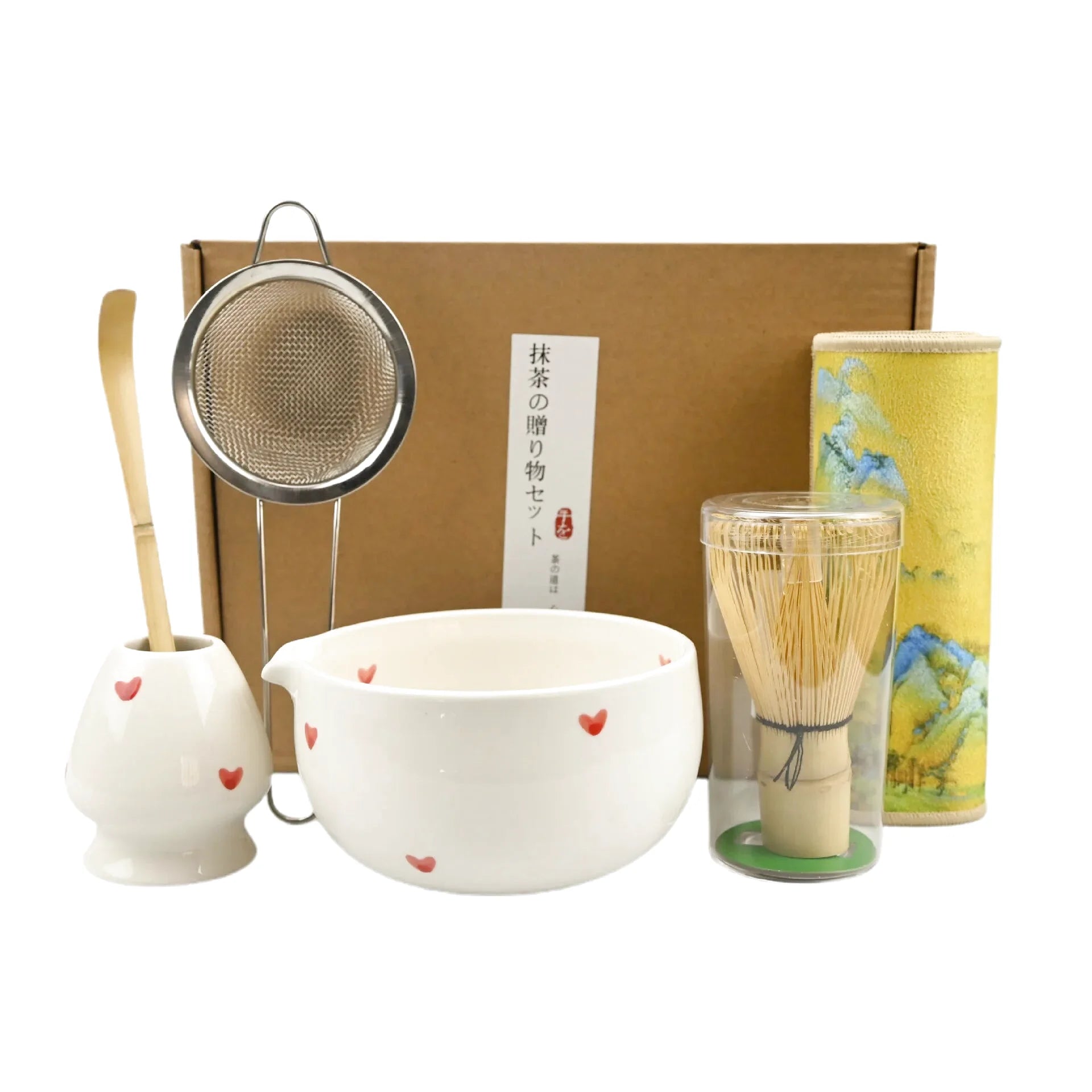 Ensemble Matcha Cérémonie 6 Pièces en Céramique - Motif : Cœurs