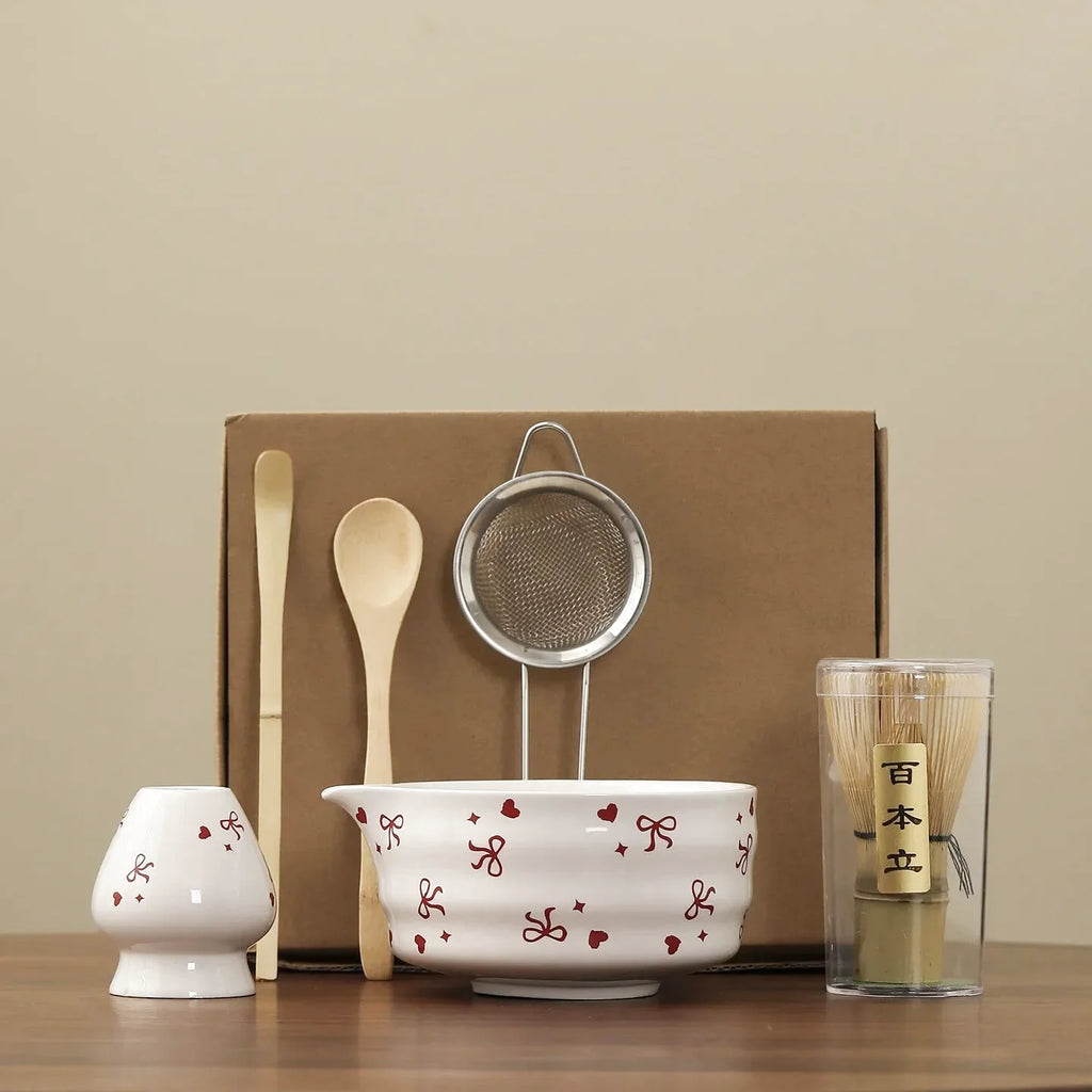 Ensemble Matcha Cérémonie 6 pièces en Céramique - Motif Nœuds et Cœurs