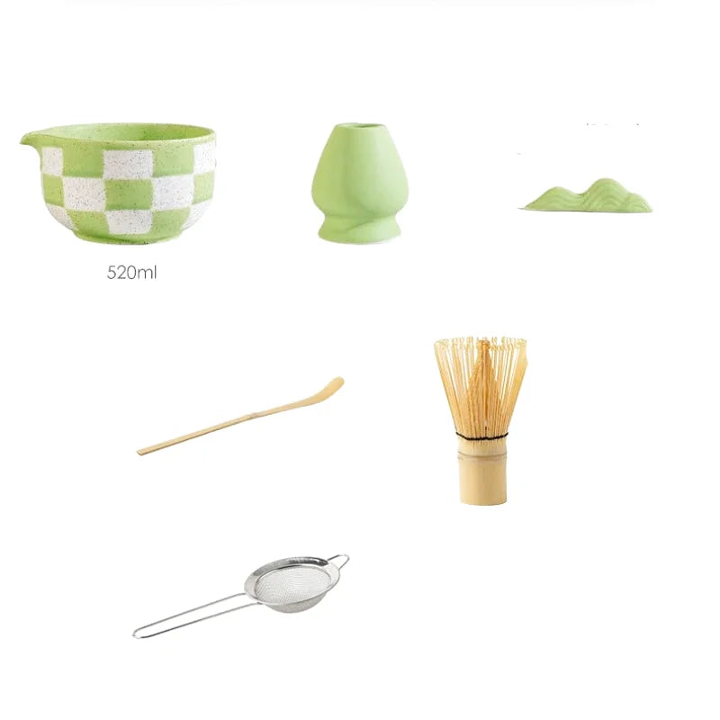 Ensemble Matcha Cérémonie 7 pièces en Porcelaine - Motifs : Carreaux Violets