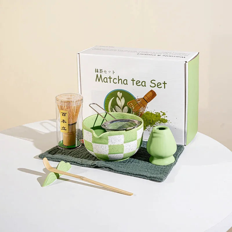 Ensemble Matcha Cérémonie 7 pièces en Porcelaine - Motifs : Carreaux Violets