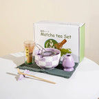 Ensemble Matcha Cérémonie 7 pièces en Porcelaine - Motifs : Carreaux Violets