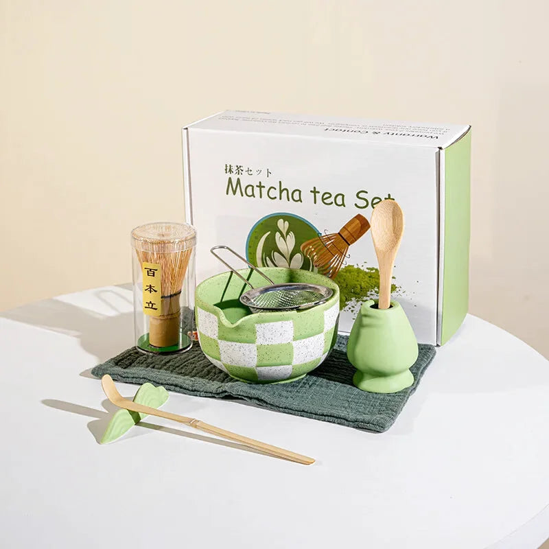Ensemble Matcha Cérémonie 8 Pièces en Céramique - Idéal Cadeau - Motif Carreaux Verts