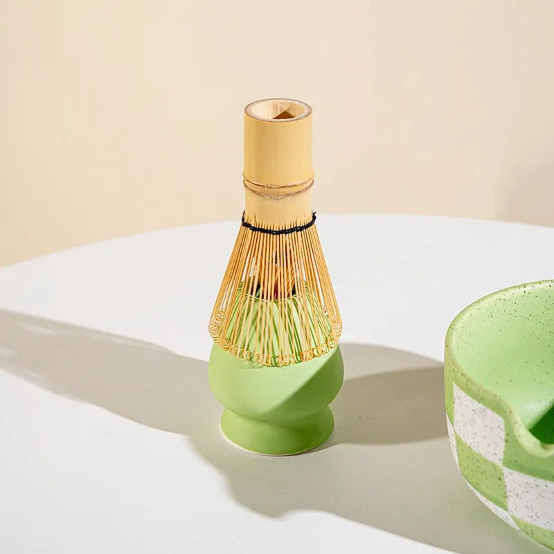 Ensemble Matcha Cérémonie 8 Pièces en Céramique - Idéal Cadeau - Motif Carreaux Verts
