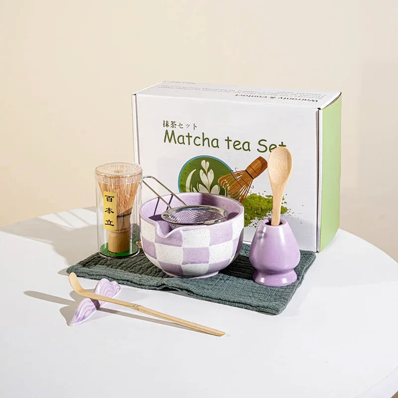 Ensemble Matcha Cérémonie 8 Pièces en Céramique - Idéal Cadeau - Motif Carreaux Violet