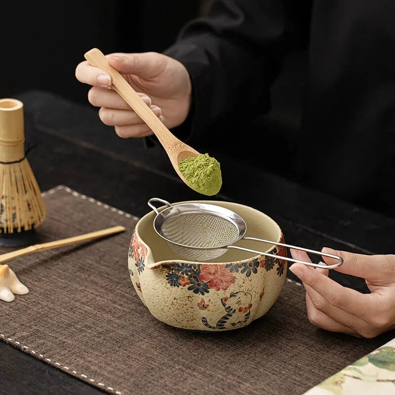 Ensemble Matcha Cérémonie 8 pièces en Poterie et Bambou - Style Chat