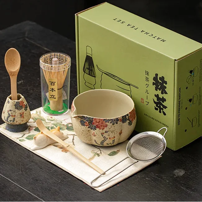 Ensemble Matcha Cérémonie 8 pièces en Poterie et Bambou - Style Chat