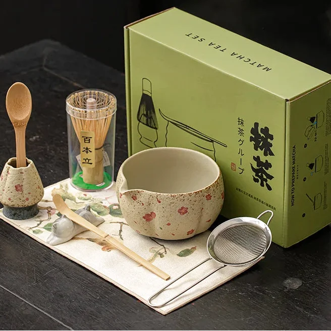 Ensemble Matcha Cérémonie 8 pièces en Poterie et Bambou - Style Fleurs Roses