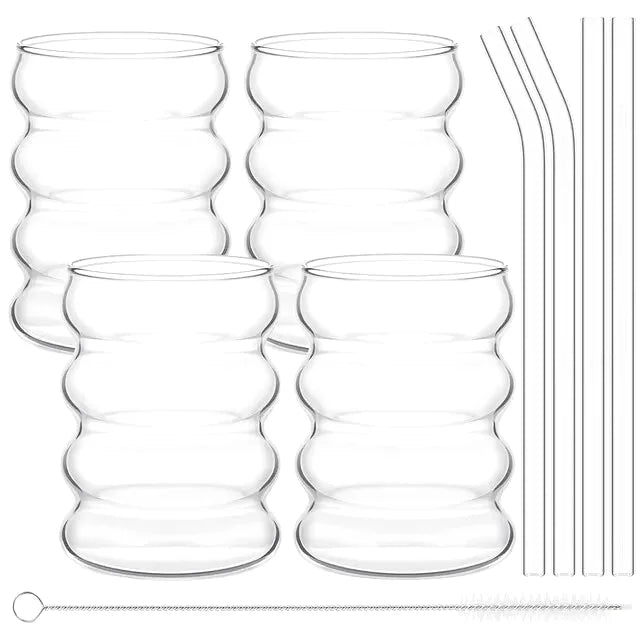 Lot de 4 Verres Idéal Matcha avec leur Paille en Verre et Goupillon - 300 mL